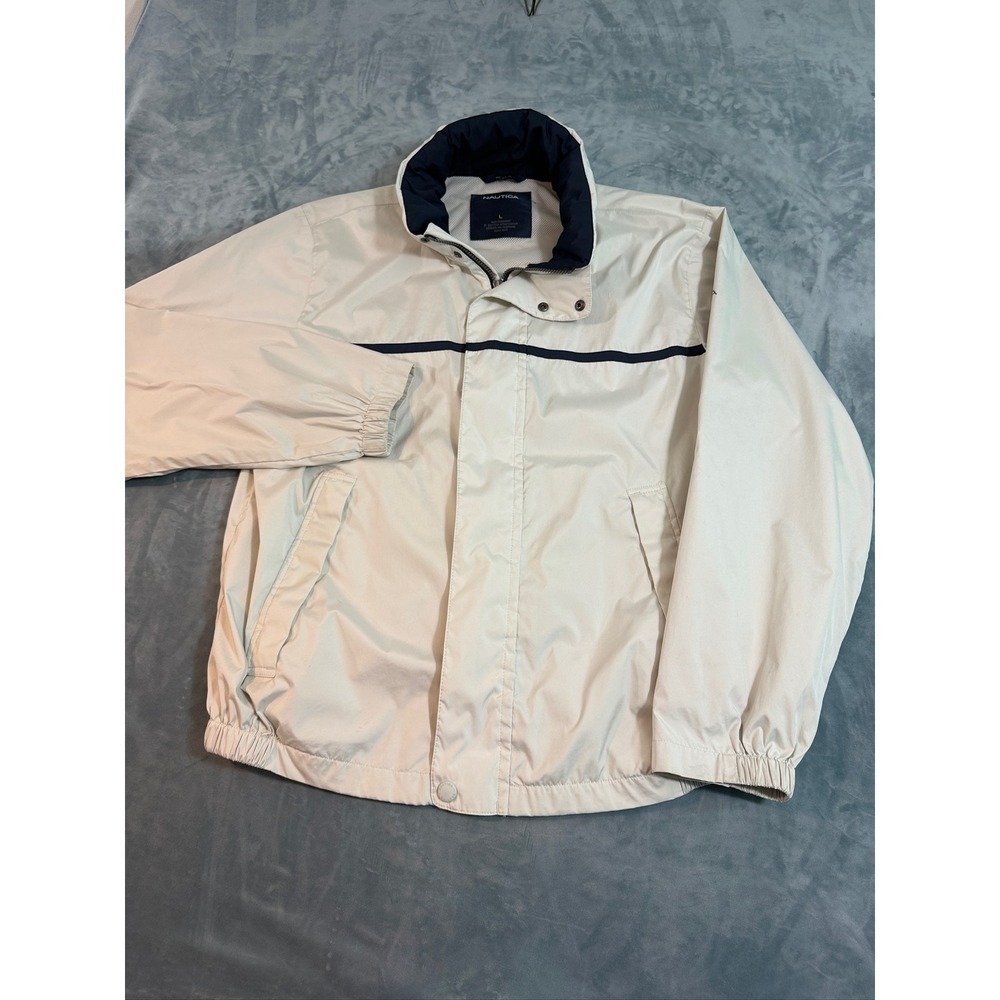 Nautica Mens Cream Navy Blue Windbreaker Jacket Mesh Lined Stowaway Hood Large